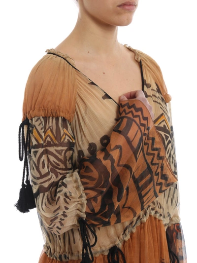 Shop Alberta Ferretti Ethnic Print Silk Tasselled Dress In Brown