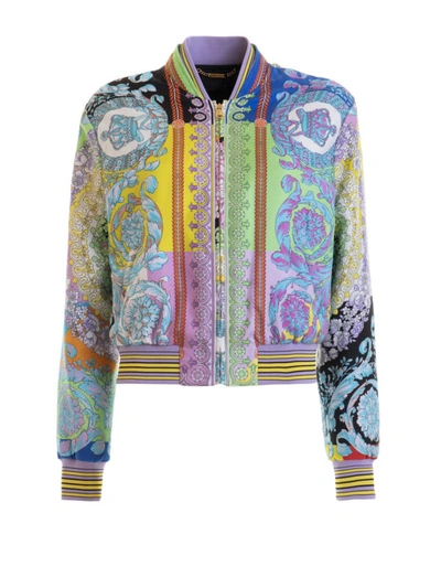 Shop Versace Printed Silk Bomber Jacket In Multicolour