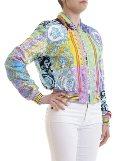 Shop Versace Printed Silk Bomber Jacket In Multicolour