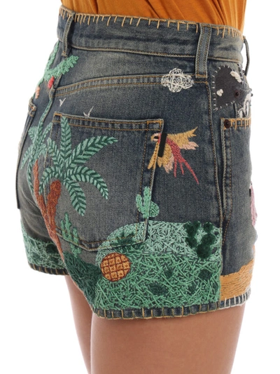 Shop Saint Laurent Richly Embroidered Slim Fit Denim Short Pants In Multicolour