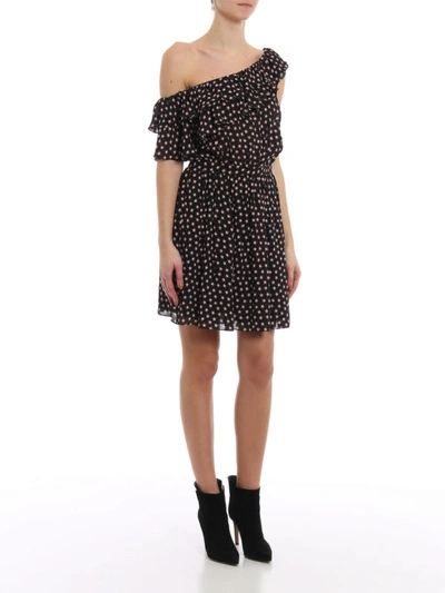 Shop Saint Laurent Star Print One-shoulder Ruffle Crepe Dress In Black
