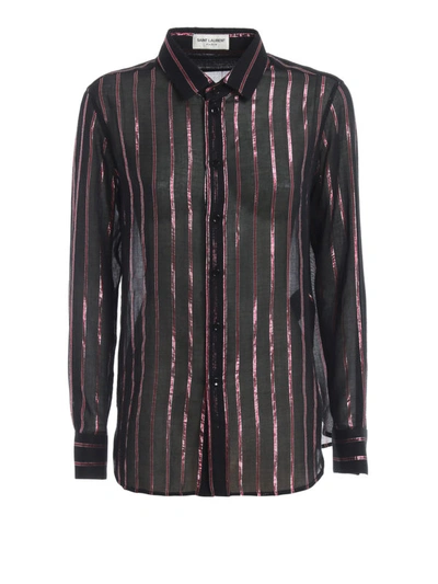 Shop Saint Laurent Lurex Striped Gauze Shirt In Black