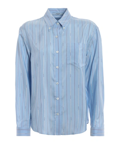 Shop Prada Logo Stripe Silk Ponge Bd Shirt In Light Blue