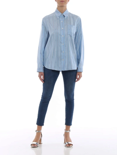 Shop Prada Logo Stripe Silk Ponge Bd Shirt In Light Blue