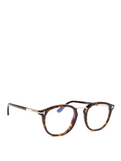 Shop Tom Ford Tortoise Acetate And Metal Bridge Eyeglasses In Brown