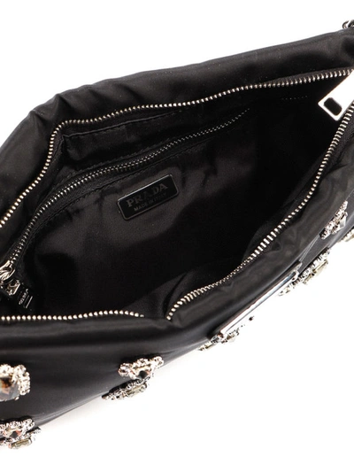 Shop Prada Jewelled Nylon Clutch In Black