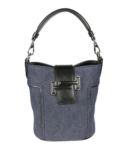 Shop Tod's Double T Mini Denim And  Leather Bucket Bag In Dark Wash