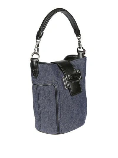 Shop Tod's Double T Mini Denim And  Leather Bucket Bag In Dark Wash
