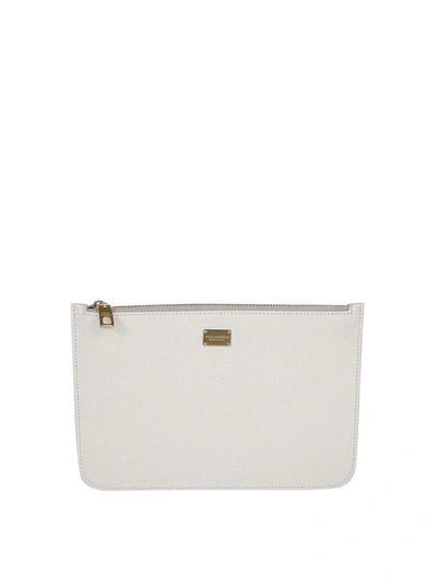 Shop Dolce & Gabbana Zipped White Hammered Leather Pouch