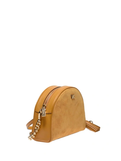 Shop Michael Kors Suede Half-moon Cross Body Bag In Beige