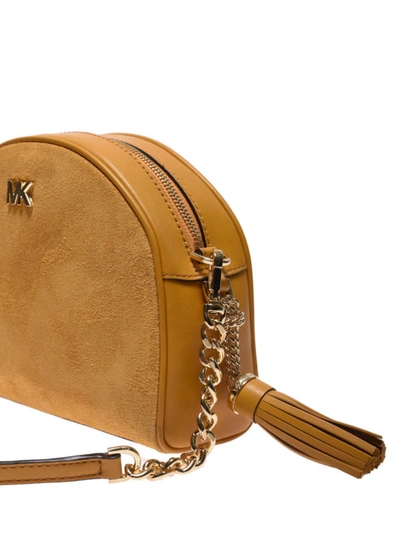 Shop Michael Kors Suede Half-moon Cross Body Bag In Beige