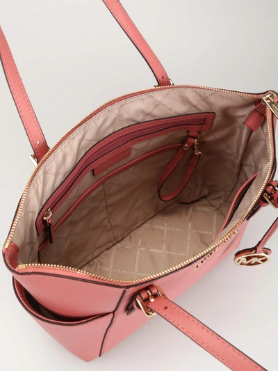 Shop Michael Kors Jet Set Top Zip Rose Leather Tote In Dark Pink