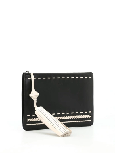 Shop Tod's Woven Details Leather Clutch In Black
