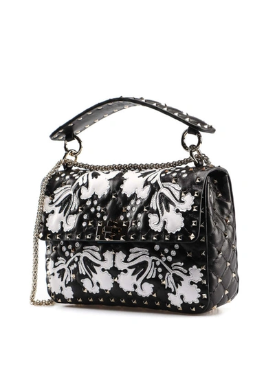 Shop Valentino Rockstud Spike M Flower Intarsia Leather Bag In Black