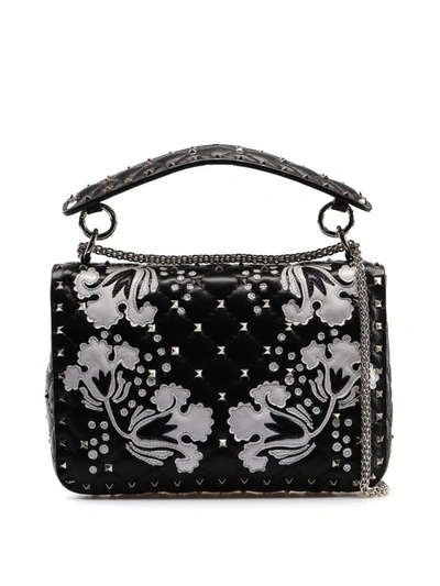 Shop Valentino Rockstud Spike M Flower Intarsia Leather Bag In Black