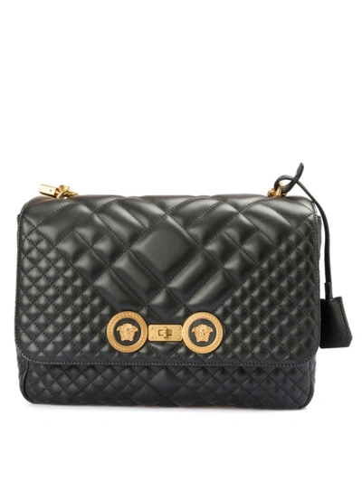 Shop Versace Gold-tone Double Logo Quilted Crossbody Bag In Black