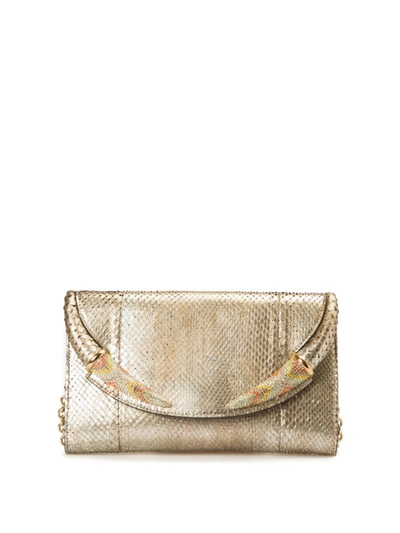Shop Roberto Cavalli Embellished Python Leather Clutch In Gold