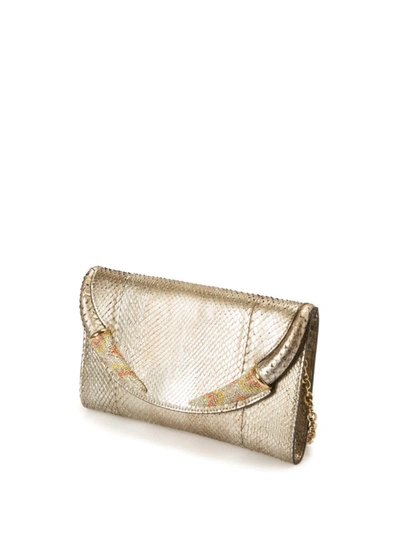 Shop Roberto Cavalli Embellished Python Leather Clutch In Gold