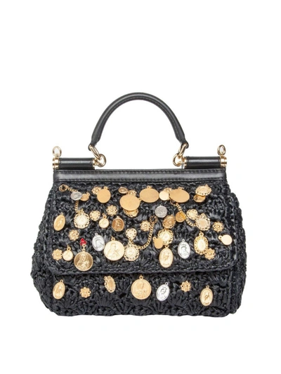 Shop Dolce & Gabbana Sicily Small Raffia Crochet Bag With Charms In Black