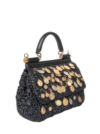 Shop Dolce & Gabbana Sicily Small Raffia Crochet Bag With Charms In Black