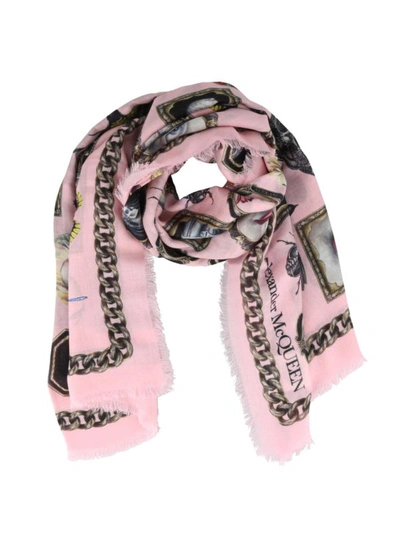 Shop Alexander Mcqueen Cameo And Curiosities Wool Blend Scarf In Light Pink