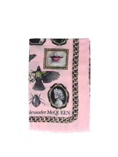 Shop Alexander Mcqueen Cameo And Curiosities Wool Blend Scarf In Light Pink