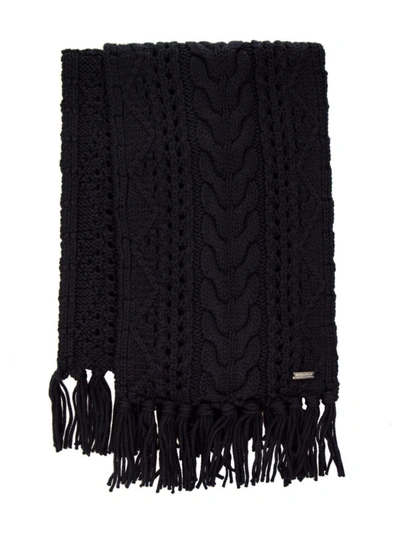 Shop Woolrich Blue Cable Knit Wool Fringed Scarf