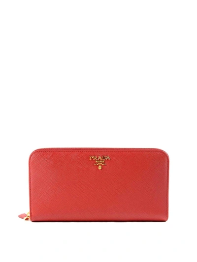 Prada Saffiano Leather Zip Around Wallet In Red