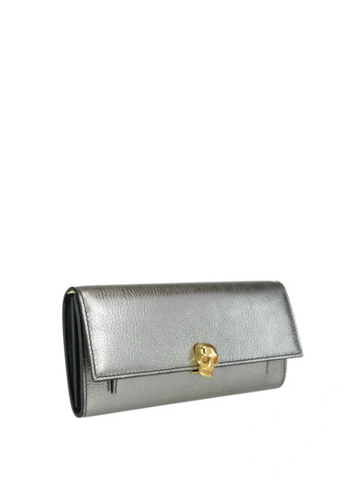 Shop Alexander Mcqueen Metallic Leather Skull Wallet Bag In Silver