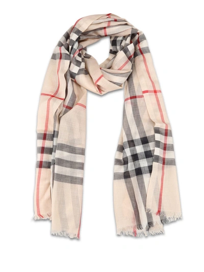 Shop Burberry Tartan Wool And Silk Gauze Scarf In Beige