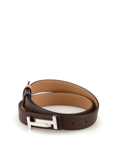 Shop Tod's Double T Reversible Leather Belt In Dark Beige