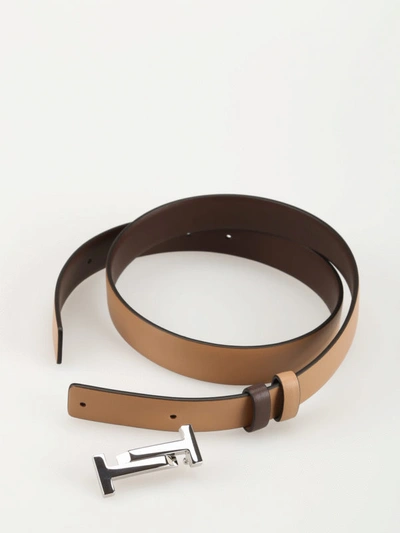 Shop Tod's Double T Reversible Leather Belt In Dark Beige
