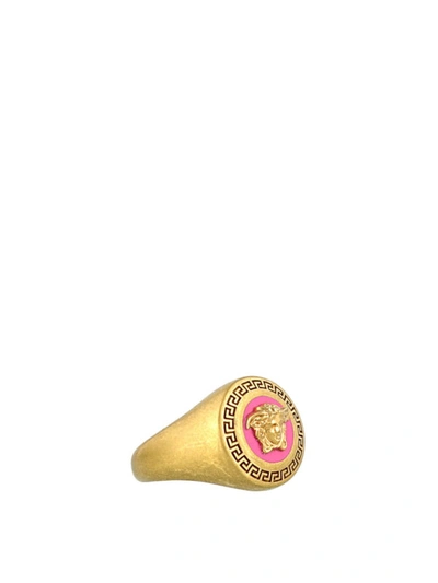 Shop Versace Gold And Fuchsia Tribute Signet Ring