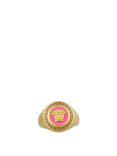 Shop Versace Gold And Fuchsia Tribute Signet Ring