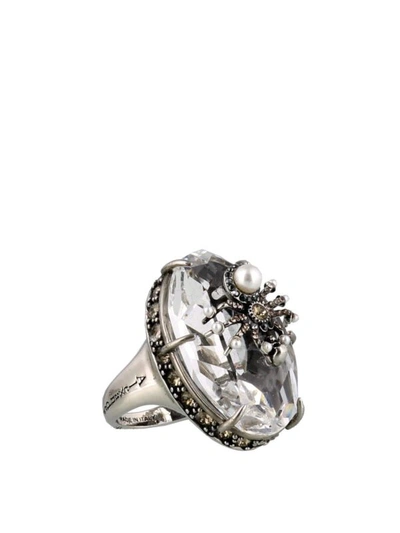 Shop Alexander Mcqueen Spider Crystal Detailed Ring In Silver