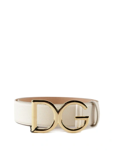 Shop Dolce & Gabbana Gold-tone Dg Buckle Leather Belt In White