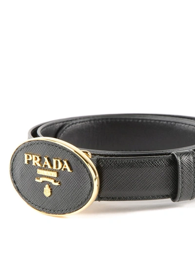 Shop Prada Logo Plaque Saffiano Leather Belt In Black