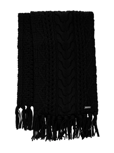 Shop Woolrich Black Cable Knit Wool Fringed Scarf