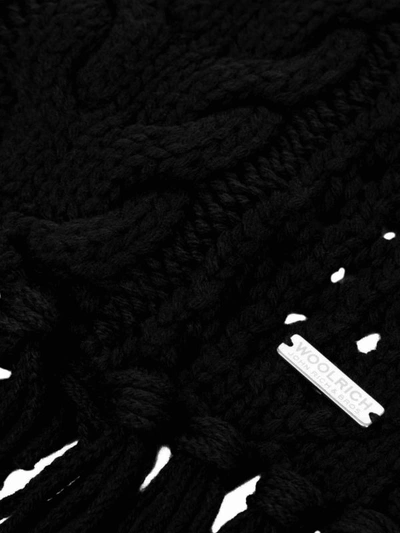 Shop Woolrich Black Cable Knit Wool Fringed Scarf