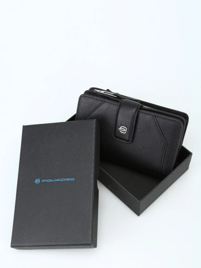 Shop Piquadro Leather Trifold Wallet With Coin Zip Pocket In Black