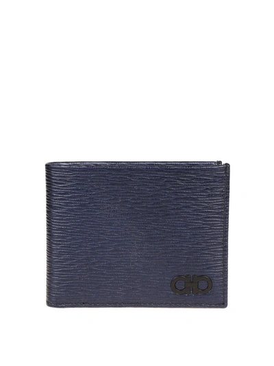 Shop Ferragamo Gancini Navy Hammered Leather Wallet In Blue