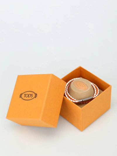 Shop Tod's White And Orange Leather Double Wrap Bracelet