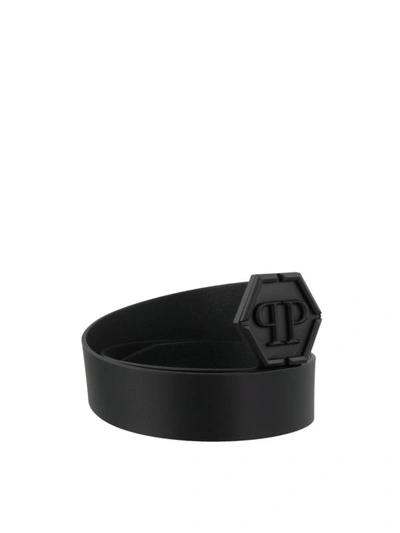 Shop Philipp Plein Smooth Leather Pp Buckle Statement Belt In Black