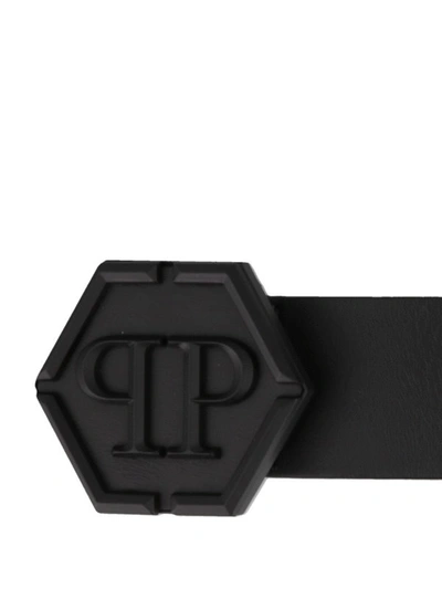 Shop Philipp Plein Smooth Leather Pp Buckle Statement Belt In Black