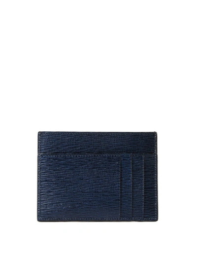 Shop Ferragamo Gancini Blue Textured Leather Card Holder In Dark Blue