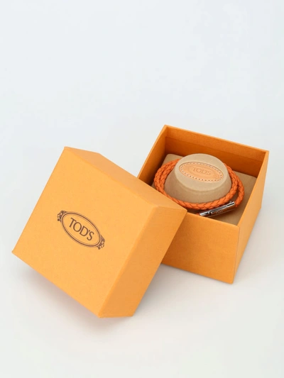 Shop Tod's Orange Woven Leather Double Wrap Bracelet