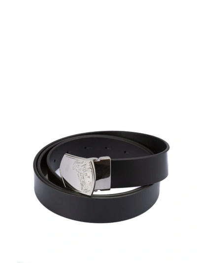 Shop Versace Medusa Head Smooth Leather Belt In Black