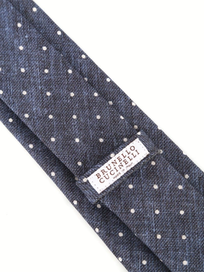 Shop Brunello Cucinelli Blue Linen And Silk Polka Dot Tie