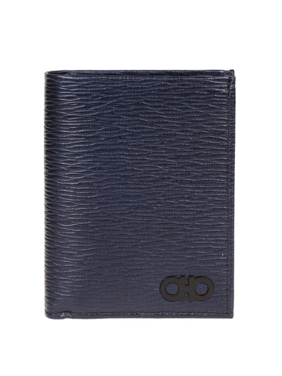 Shop Ferragamo Gancini Hammered Leather Wallet In Blue