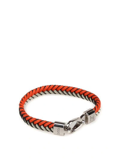 Shop Tod's Orange And Grey Woven Leather Flat Bracelet